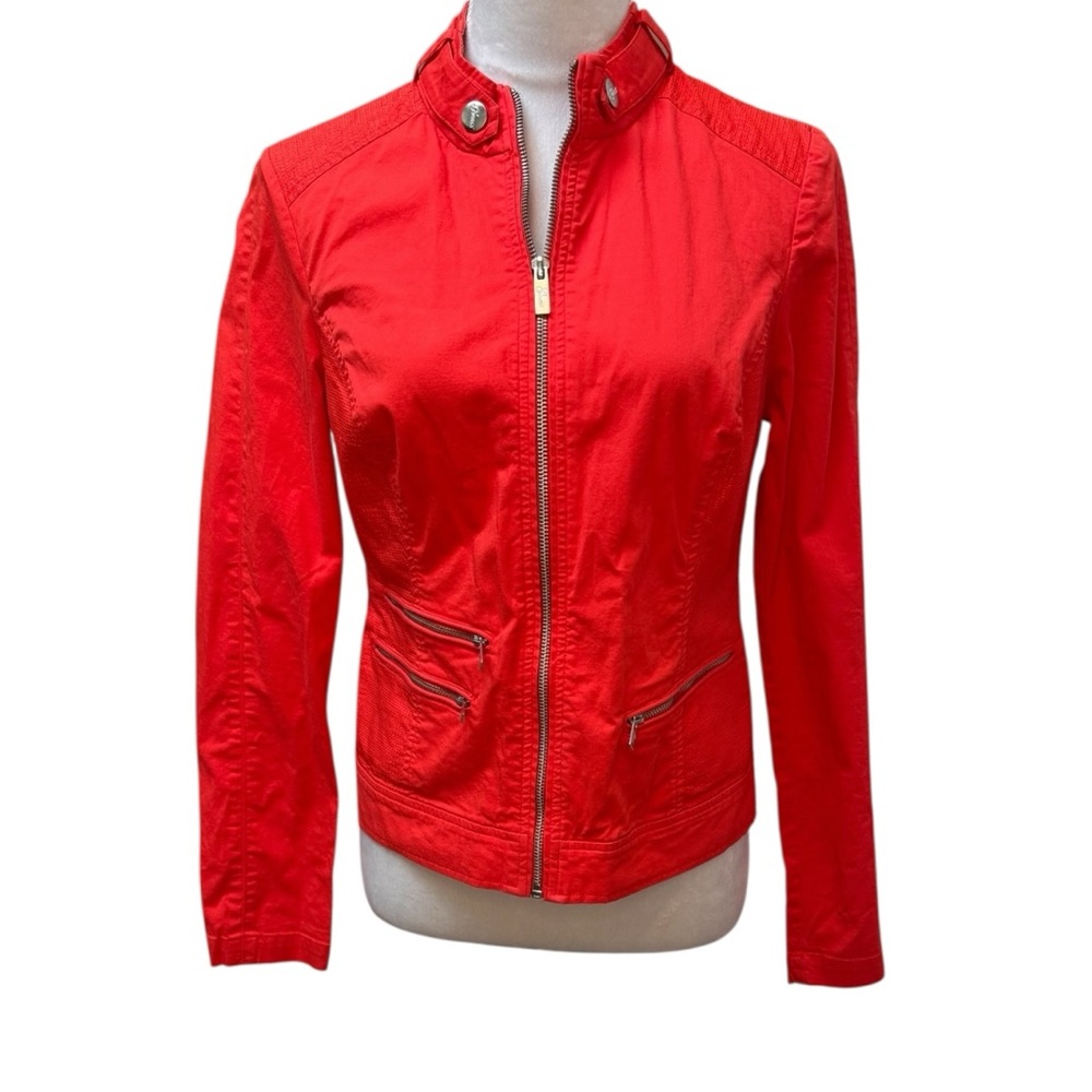 Guess  Coral Red Mock Neck Zip Up Moto Jacket Textured Panels Size Medium Q52N01